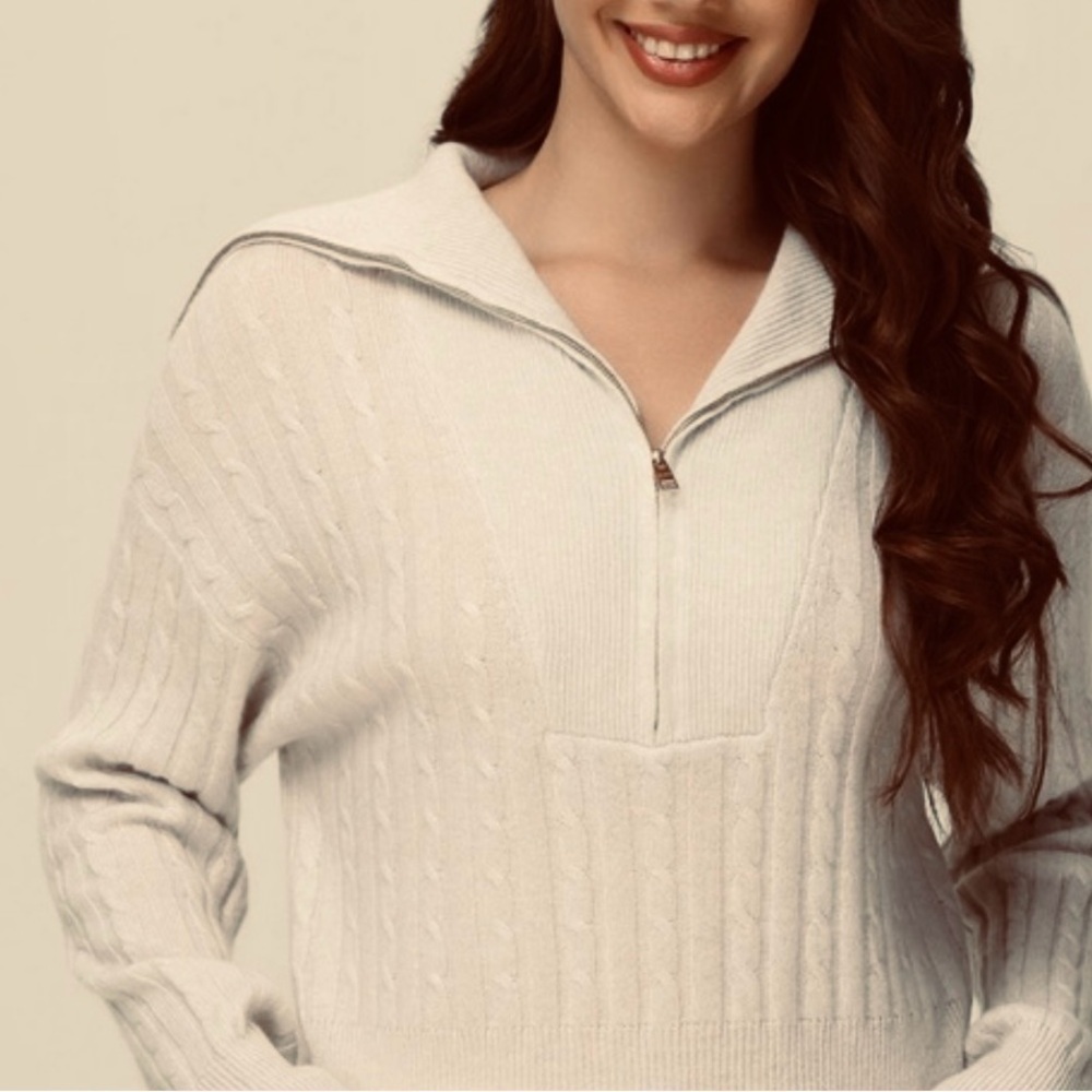 NWT 525 America Cashmere 1/4 Zip Cable Sweater, Cream, Small